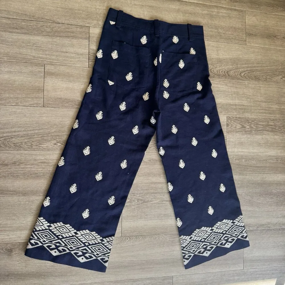 Zara High Waisted Boho ChiNavy Blue Embroidered Pants Culottes Cottagecore Sz S